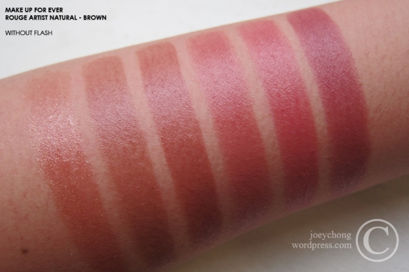 Makeup Forever lipstick swatch. Rouge Artist Intense 28 and Rouge Artist  Natural N11 (left to right).